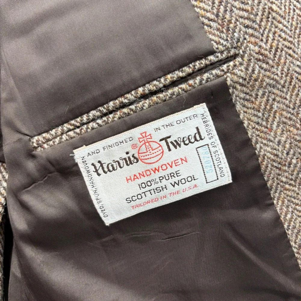 Harris Tweed Herringbone Wool Blazer Brown Mens 44R Sport Coat USA Vintage
